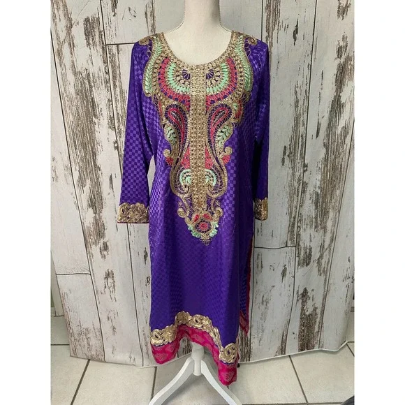 Boho Indian Style Dress Purple/Pink/Teal/Gold Check Measurements - Picture 1 of 6
